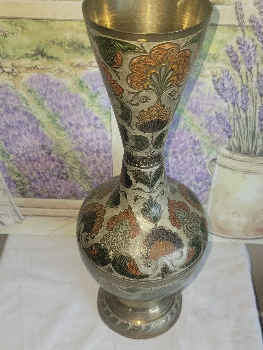 Vintage Penco Industries Brass Vase Enameled Etched Floral India Boho 1970s 14.5